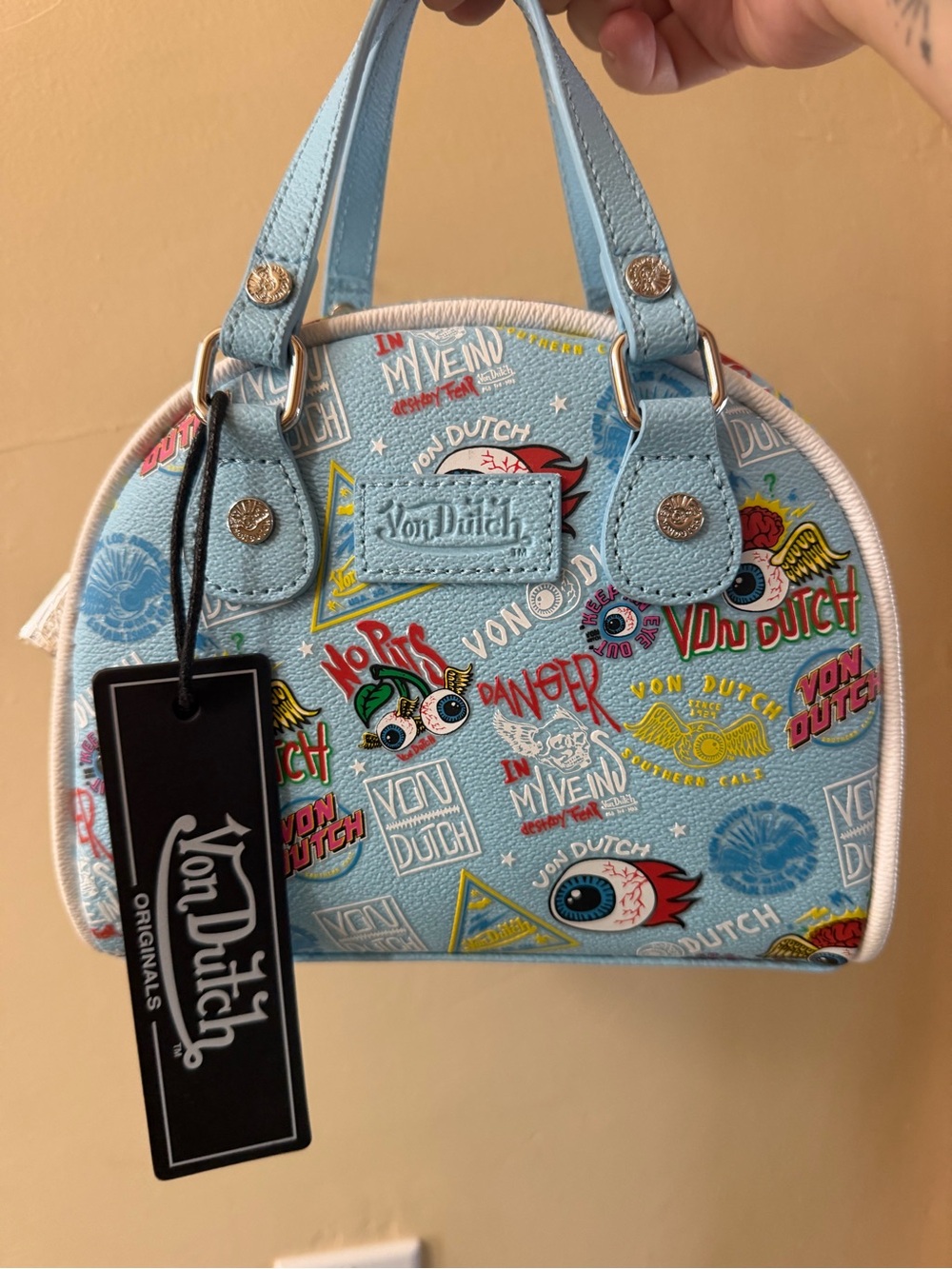 Light Blue Von Dutch Mini Bag with Bold Graphics NWT